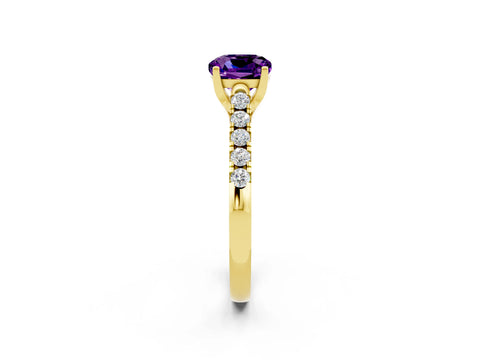 Yellow gold {shape_name} Amethyst Solitaire Ring with Pavé Band and Four-Prong Setting_2