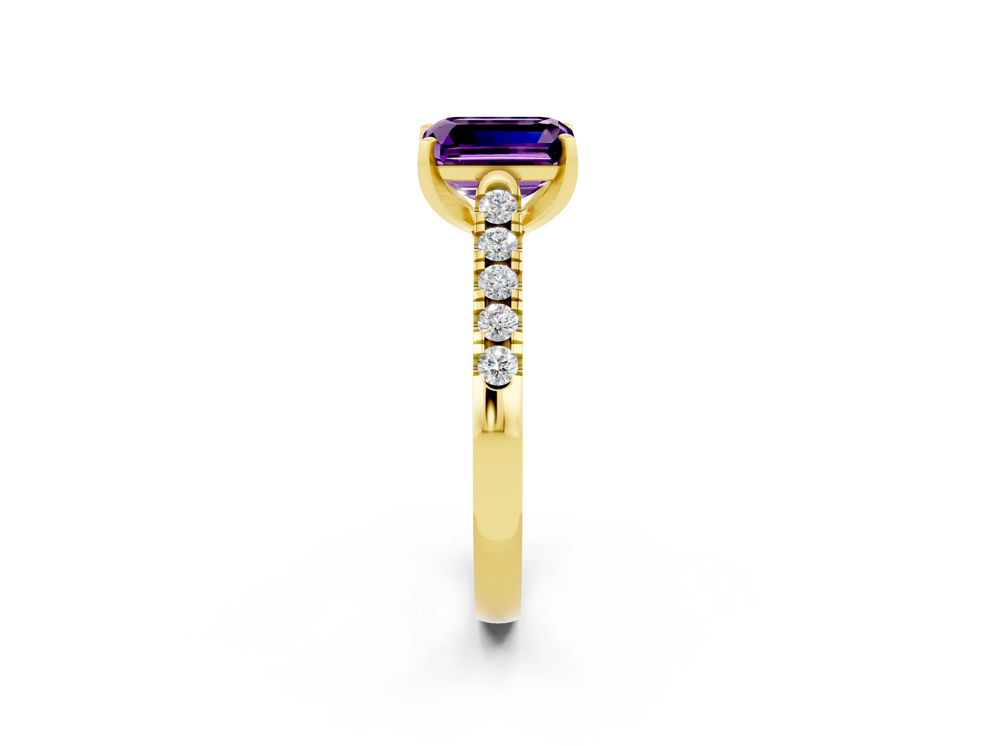 Yellow gold {shape_name} Amethyst Solitaire Ring with Pavé Band and Four-Prong Setting_2
