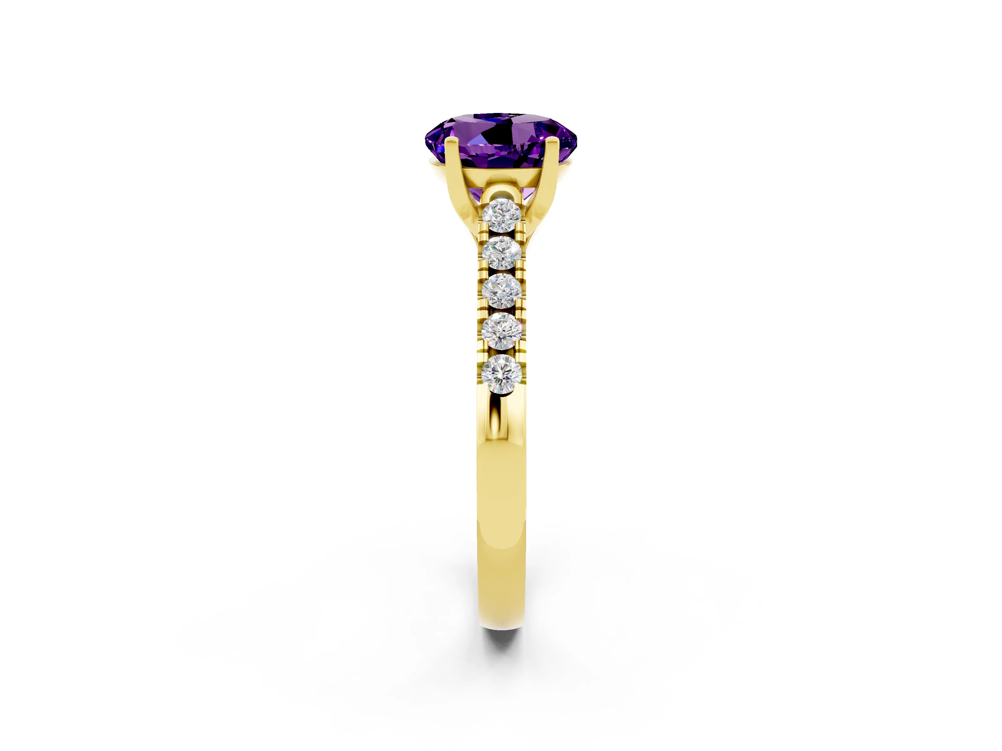Yellow gold {shape_name} Amethyst Solitaire Ring with Pavé Band and Four-Prong Setting_2