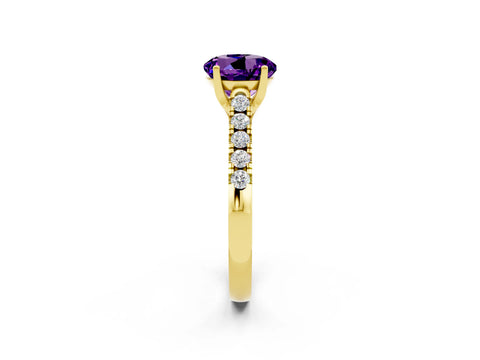 Yellow gold {shape_name} Amethyst Solitaire Ring with Pavé Band and Four-Prong Setting_2