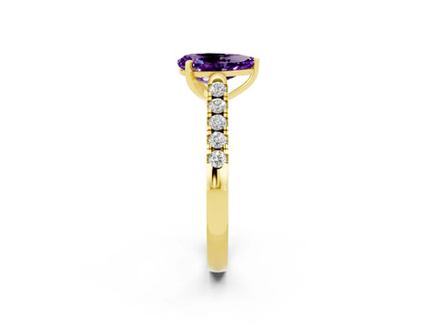 Yellow gold {shape_name} Amethyst Solitaire Ring with Pavé Band and Four-Prong Setting_2