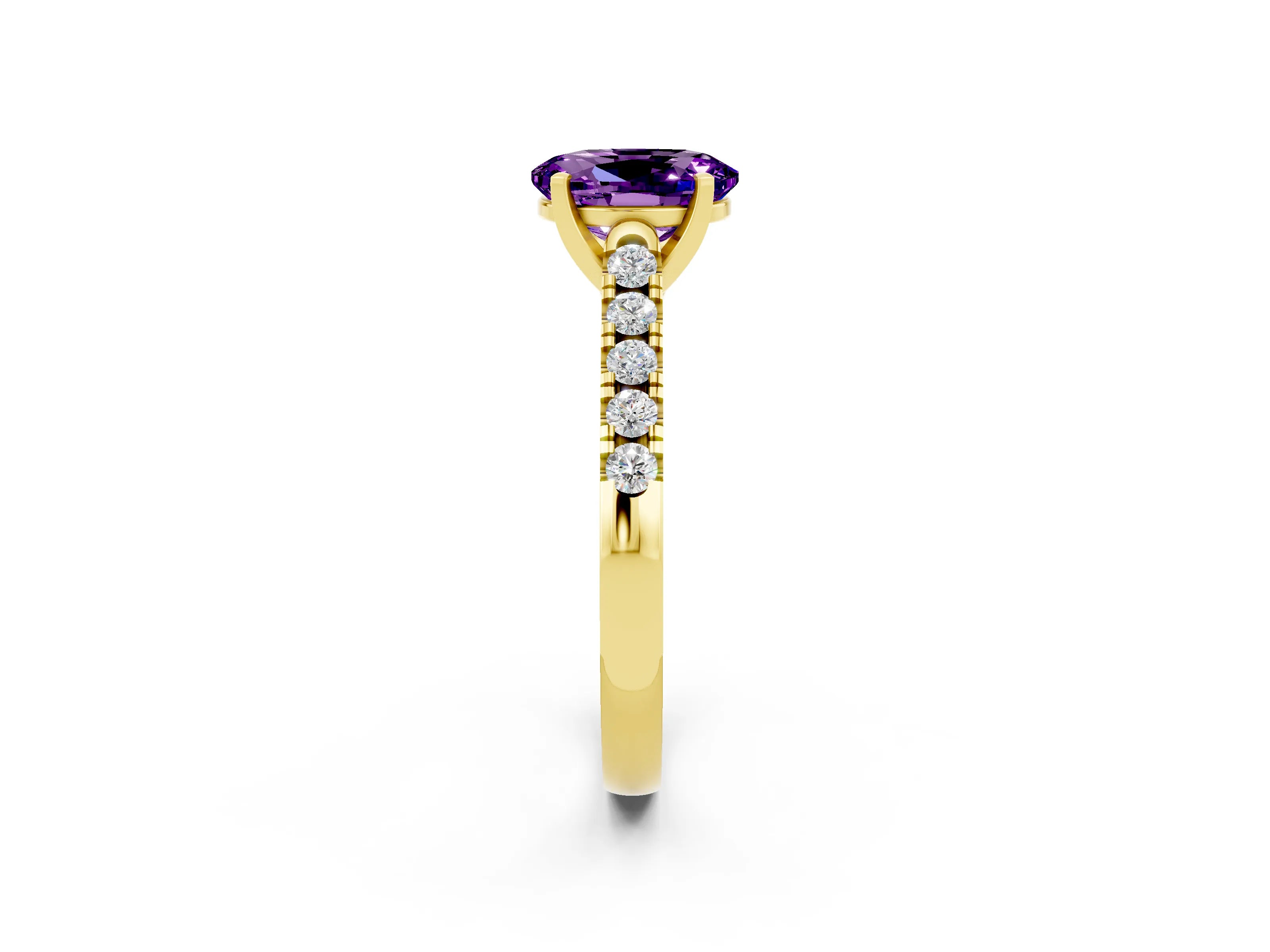 Yellow gold {shape_name} Amethyst Solitaire Ring with Pavé Band and Four-Prong Setting_2
