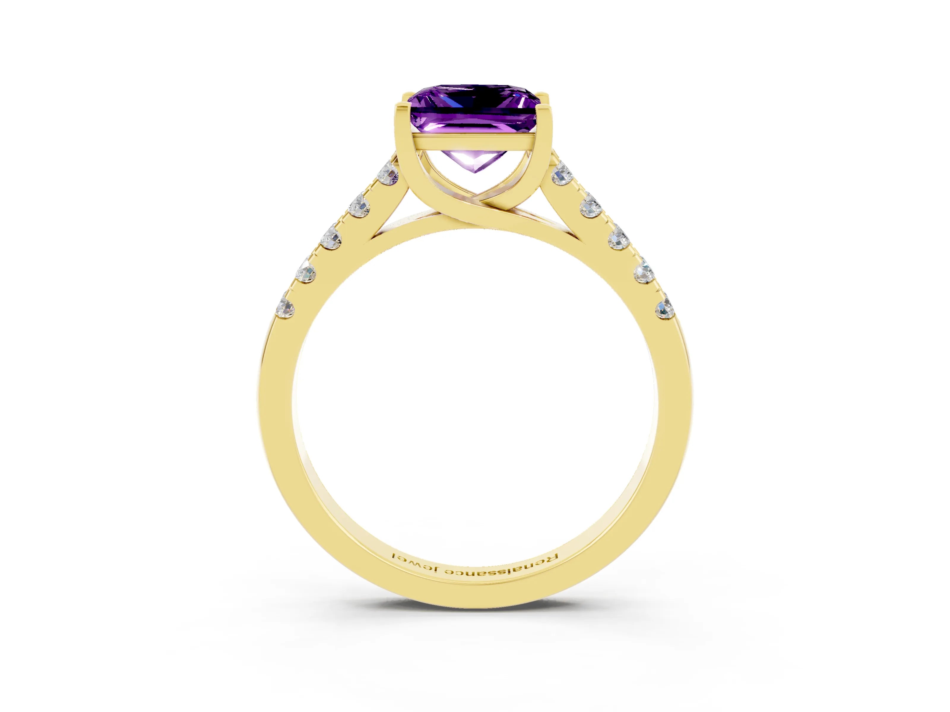 Yellow gold {shape_name} Amethyst Solitaire Ring with Pavé Band and Four-Prong Setting_3
