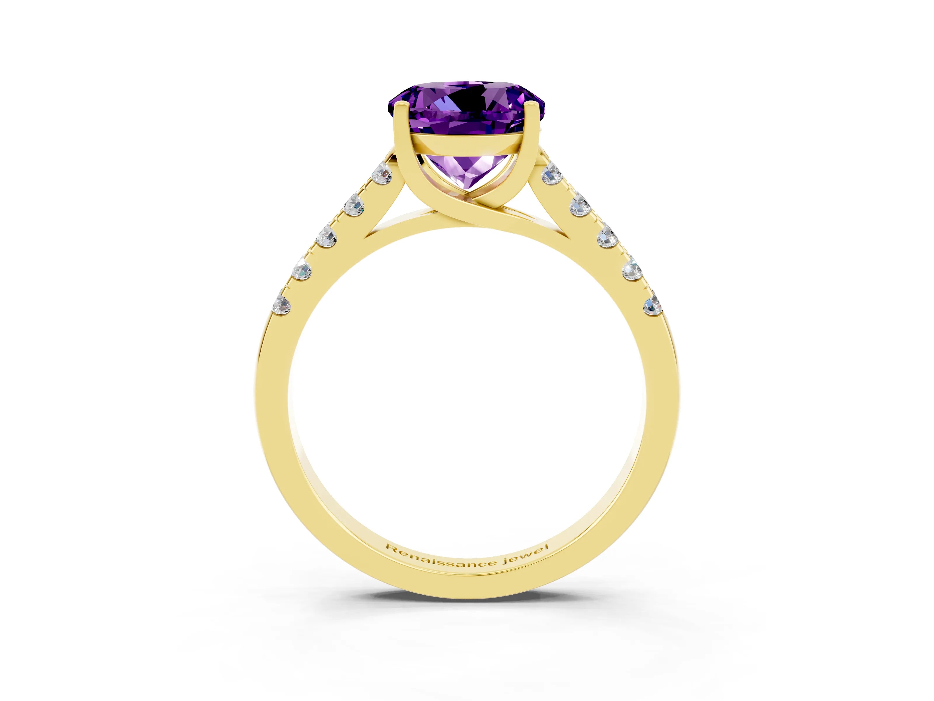Yellow gold {shape_name} Amethyst Solitaire Ring with Pavé Band and Four-Prong Setting_3