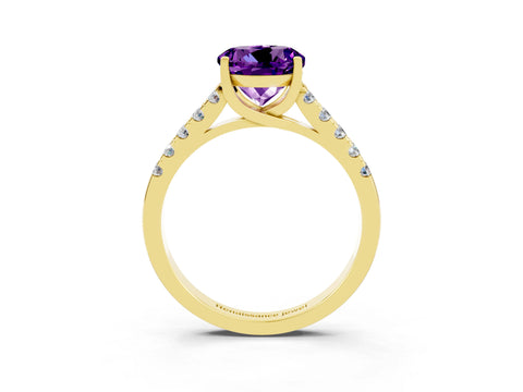 Yellow gold {shape_name} Amethyst Solitaire Ring with Pavé Band and Four-Prong Setting_3
