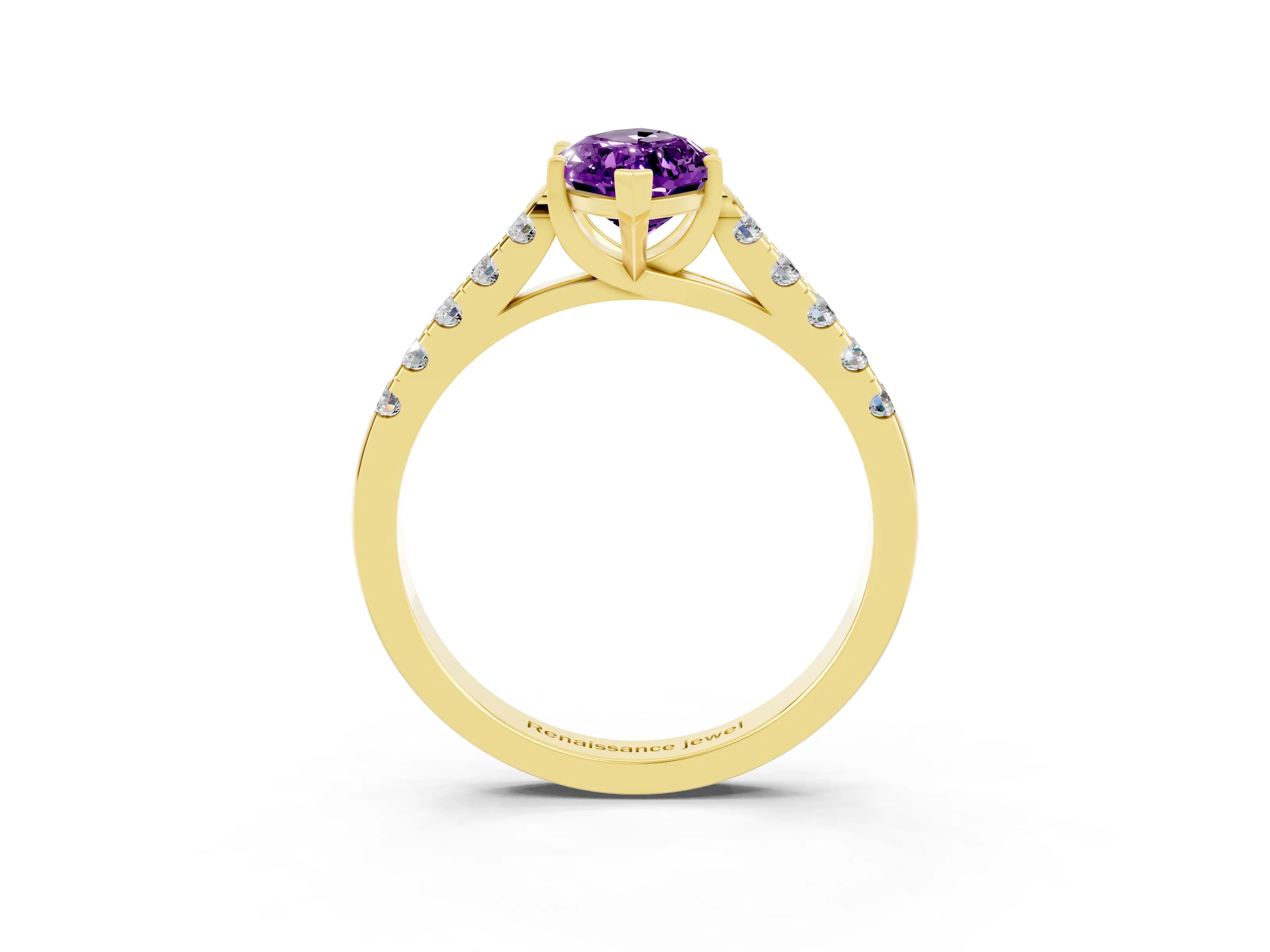 Yellow gold {shape_name} Amethyst Solitaire Ring with Pavé Band and Four-Prong Setting_3