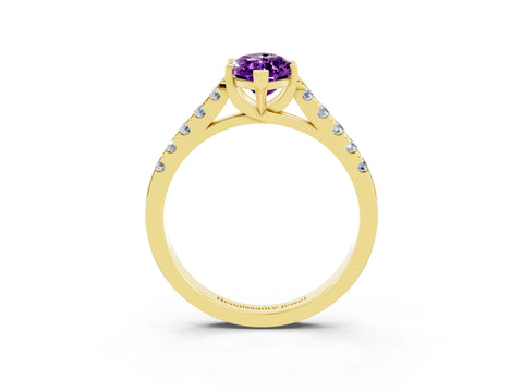 Yellow gold {shape_name} Amethyst Solitaire Ring with Pavé Band and Four-Prong Setting_3