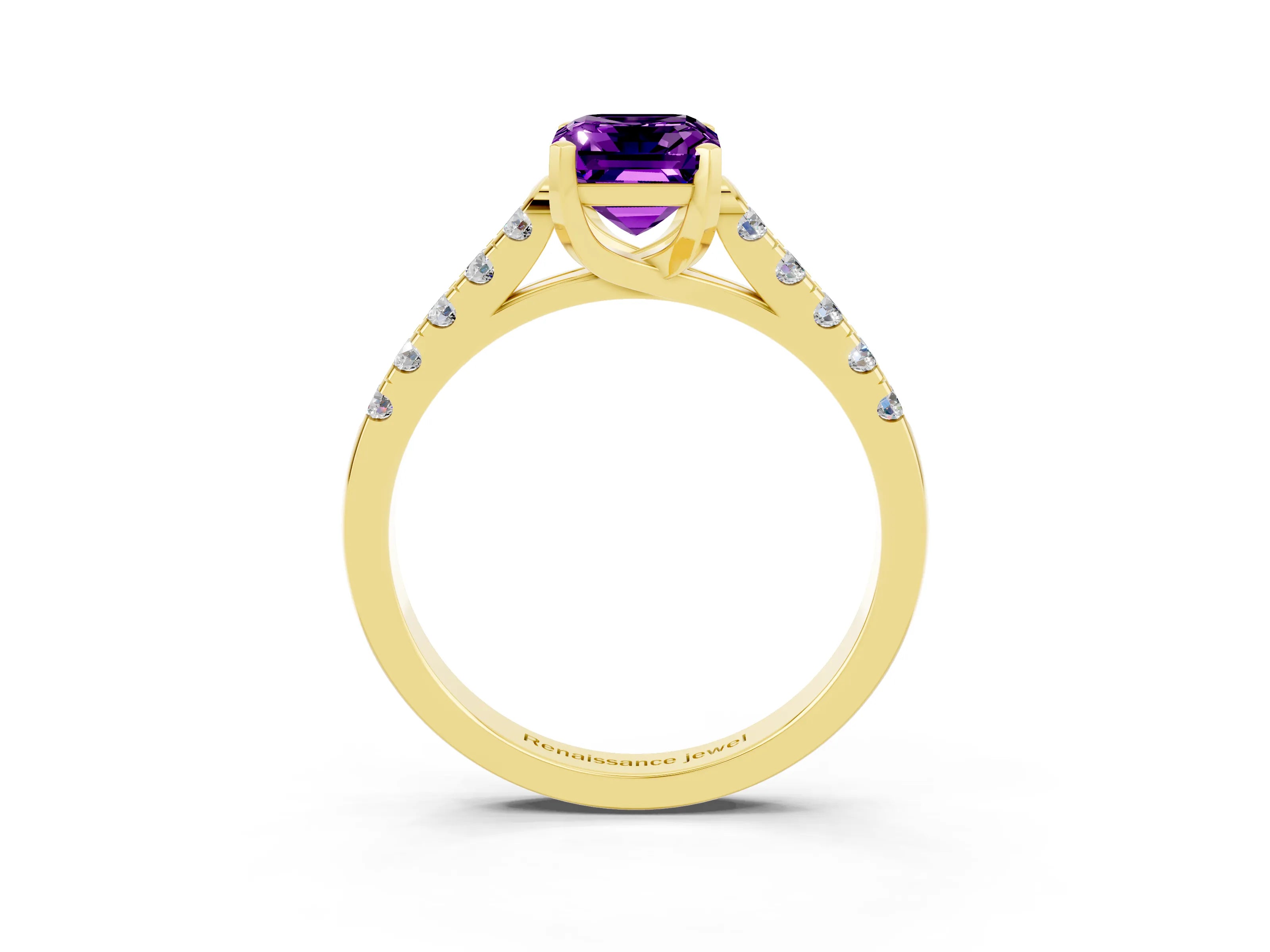Yellow gold {shape_name} Amethyst Solitaire Ring with Pavé Band and Four-Prong Setting_3