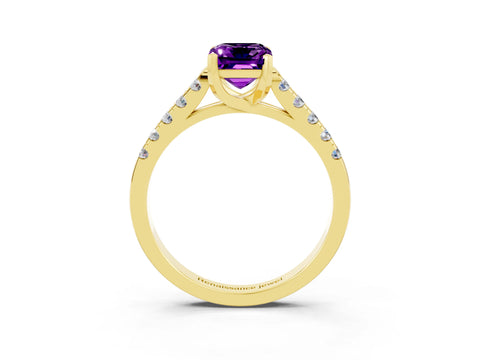 Yellow gold {shape_name} Amethyst Solitaire Ring with Pavé Band and Four-Prong Setting_3
