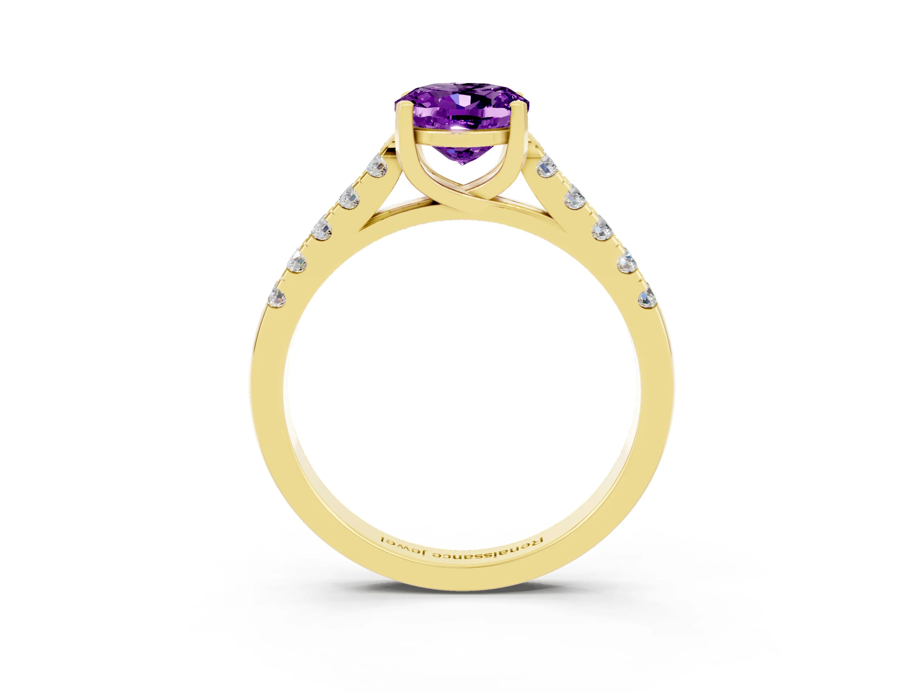 Yellow gold {shape_name} Amethyst Solitaire Ring with Pavé Band and Four-Prong Setting_3