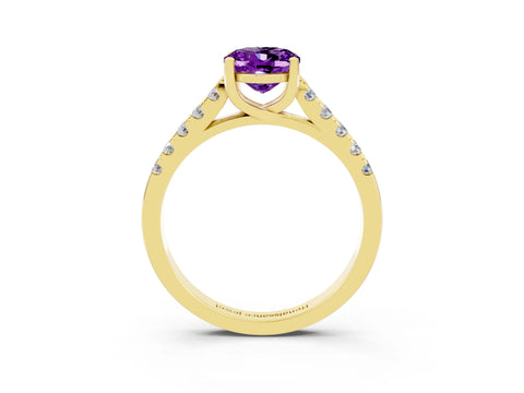 Yellow gold {shape_name} Amethyst Solitaire Ring with Pavé Band and Four-Prong Setting_3