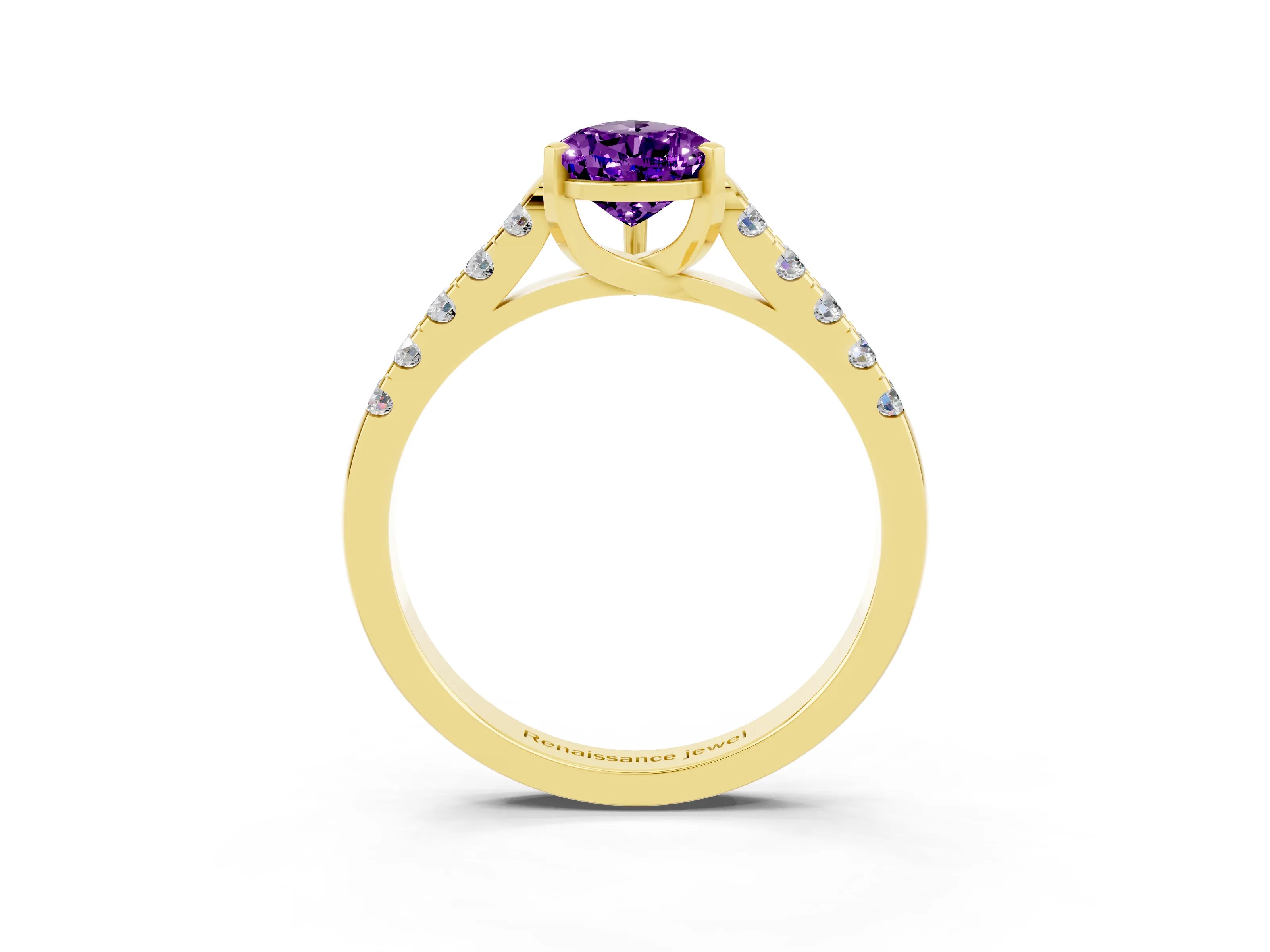 Yellow gold {shape_name} Amethyst Solitaire Ring with Pavé Band and Four-Prong Setting_3