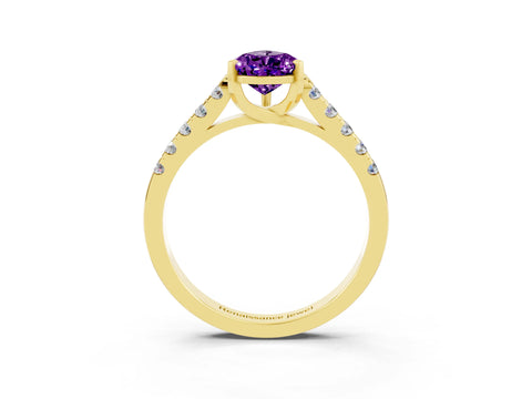 Yellow gold {shape_name} Amethyst Solitaire Ring with Pavé Band and Four-Prong Setting_3