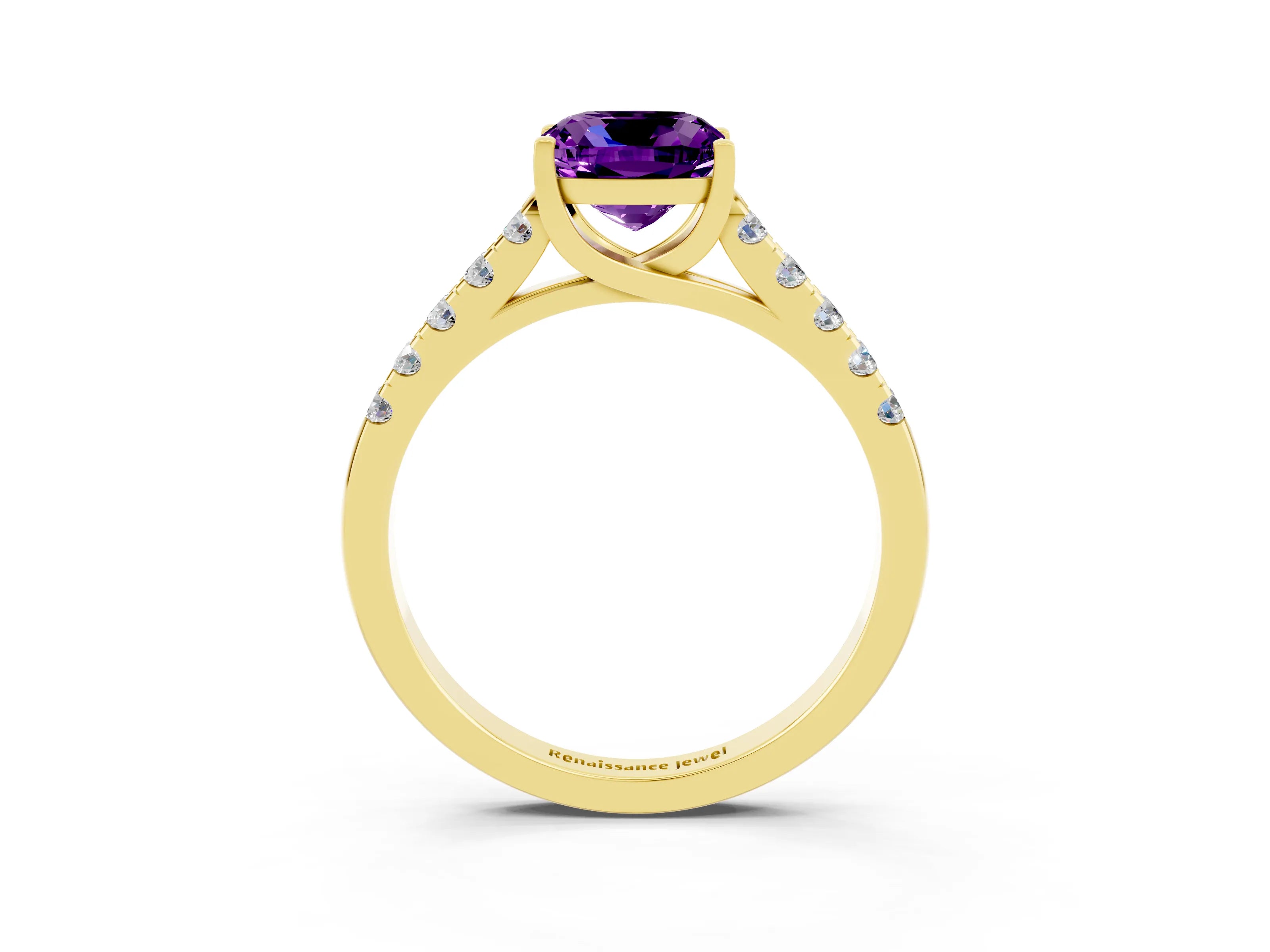 Yellow gold {shape_name} Amethyst Solitaire Ring with Pavé Band and Four-Prong Setting_3