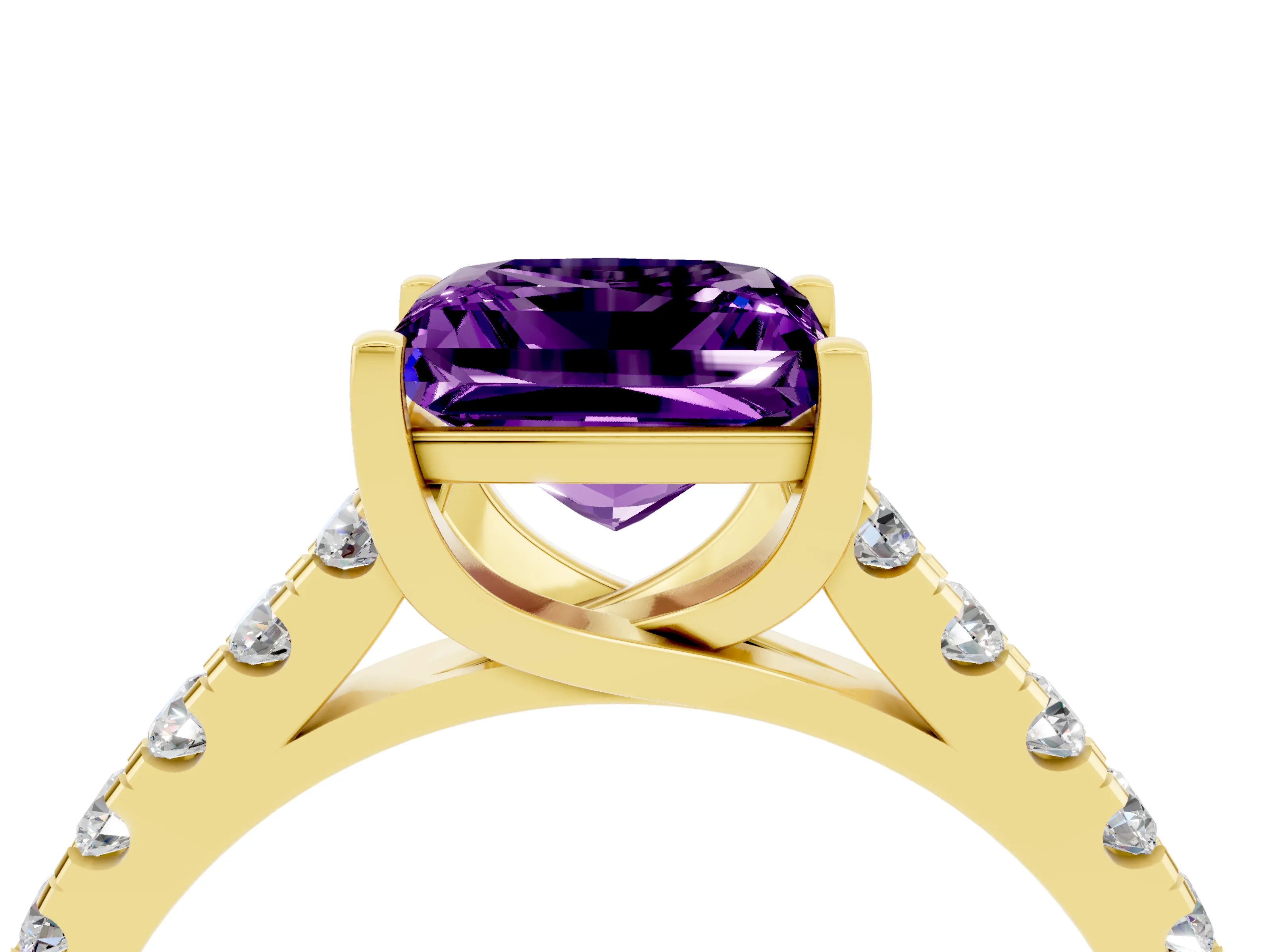 Yellow gold {shape_name} Amethyst Solitaire Ring with Pavé Band and Four-Prong Setting_4