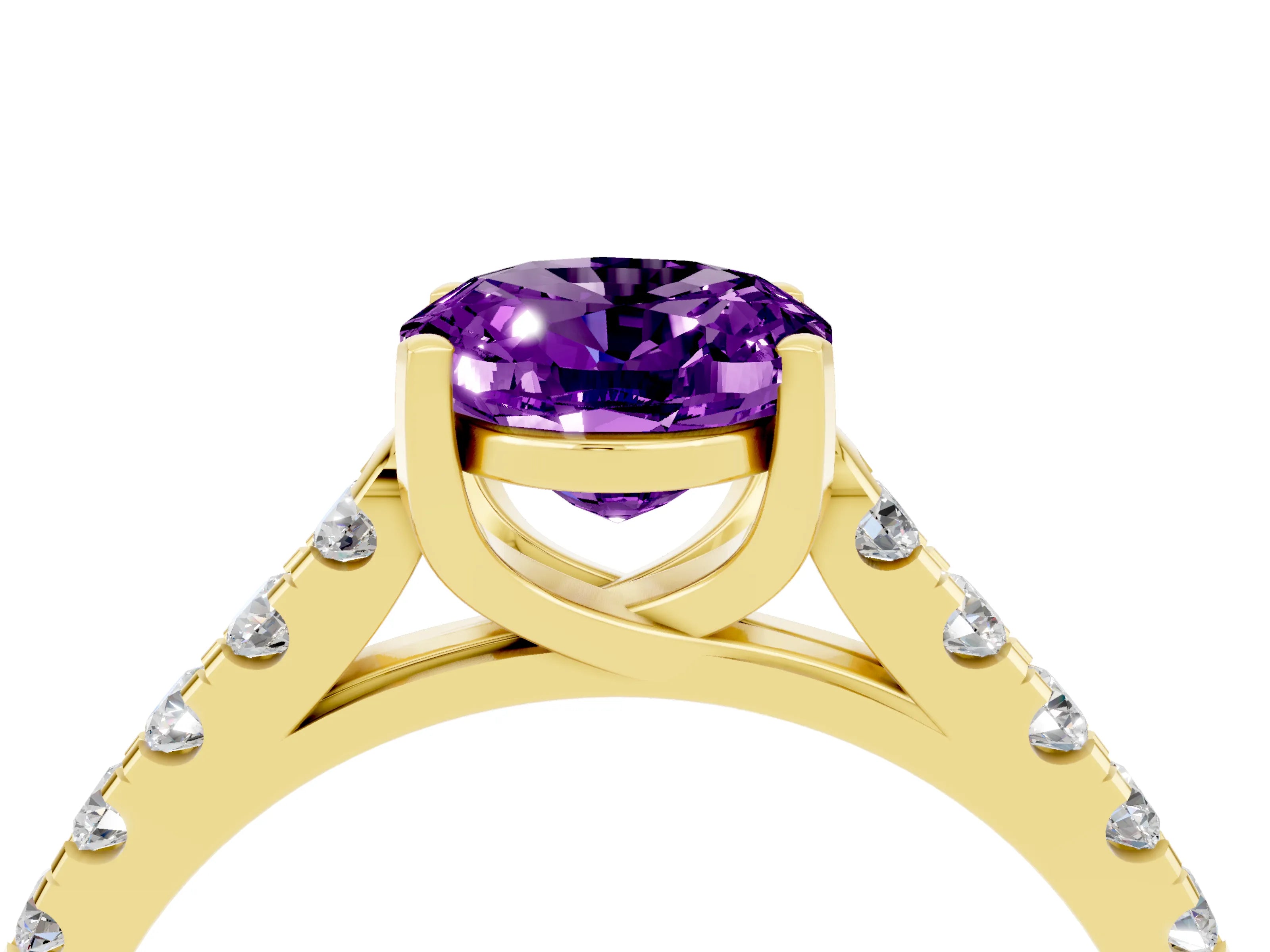 Yellow gold {shape_name} Amethyst Solitaire Ring with Pavé Band and Four-Prong Setting_4