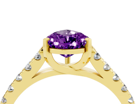 Yellow gold {shape_name} Amethyst Solitaire Ring with Pavé Band and Four-Prong Setting_4