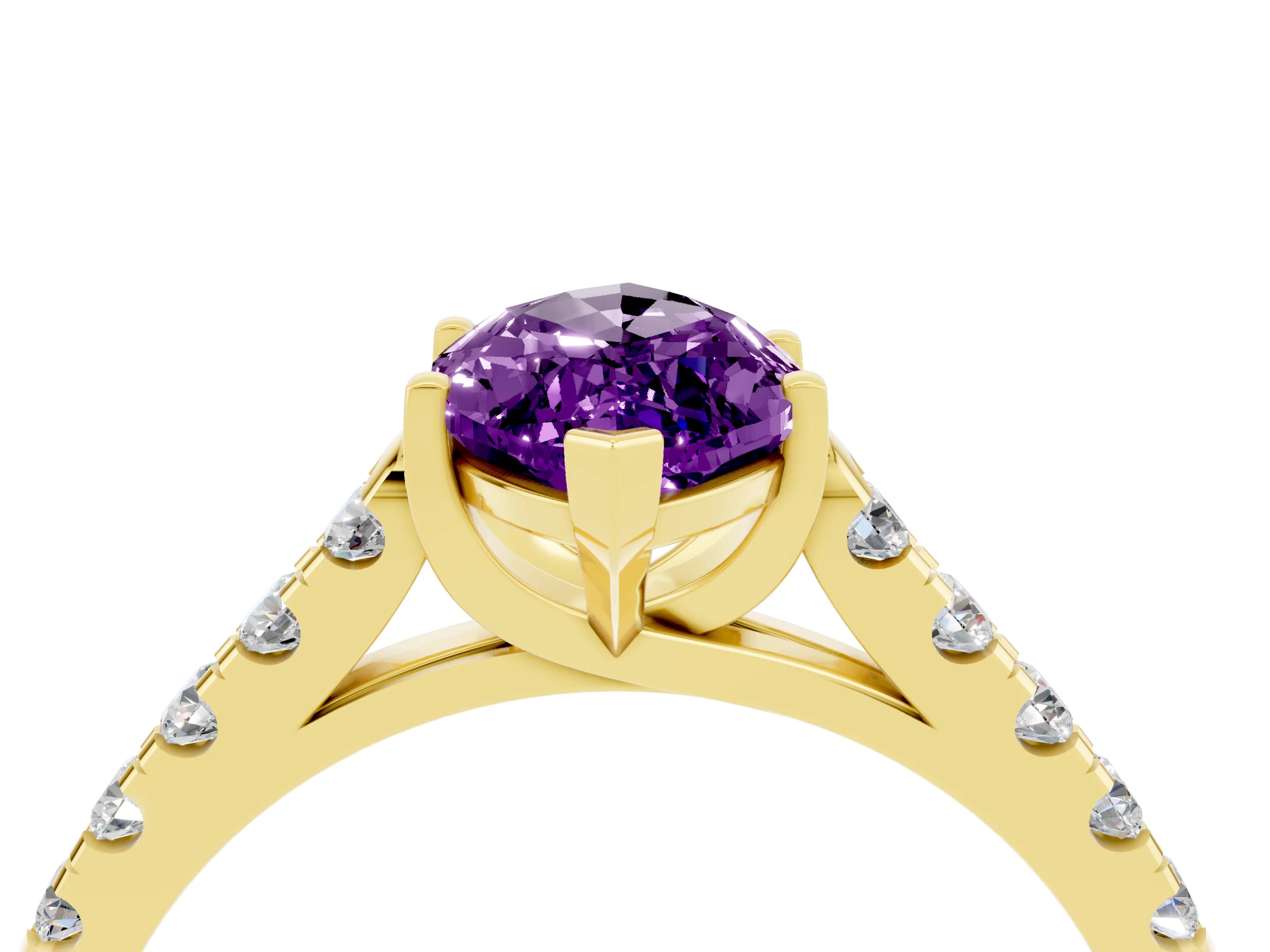 Yellow gold {shape_name} Amethyst Solitaire Ring with Pavé Band and Four-Prong Setting_4