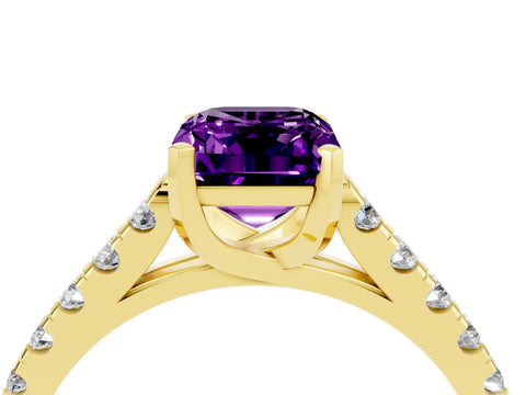Yellow gold {shape_name} Amethyst Solitaire Ring with Pavé Band and Four-Prong Setting_4