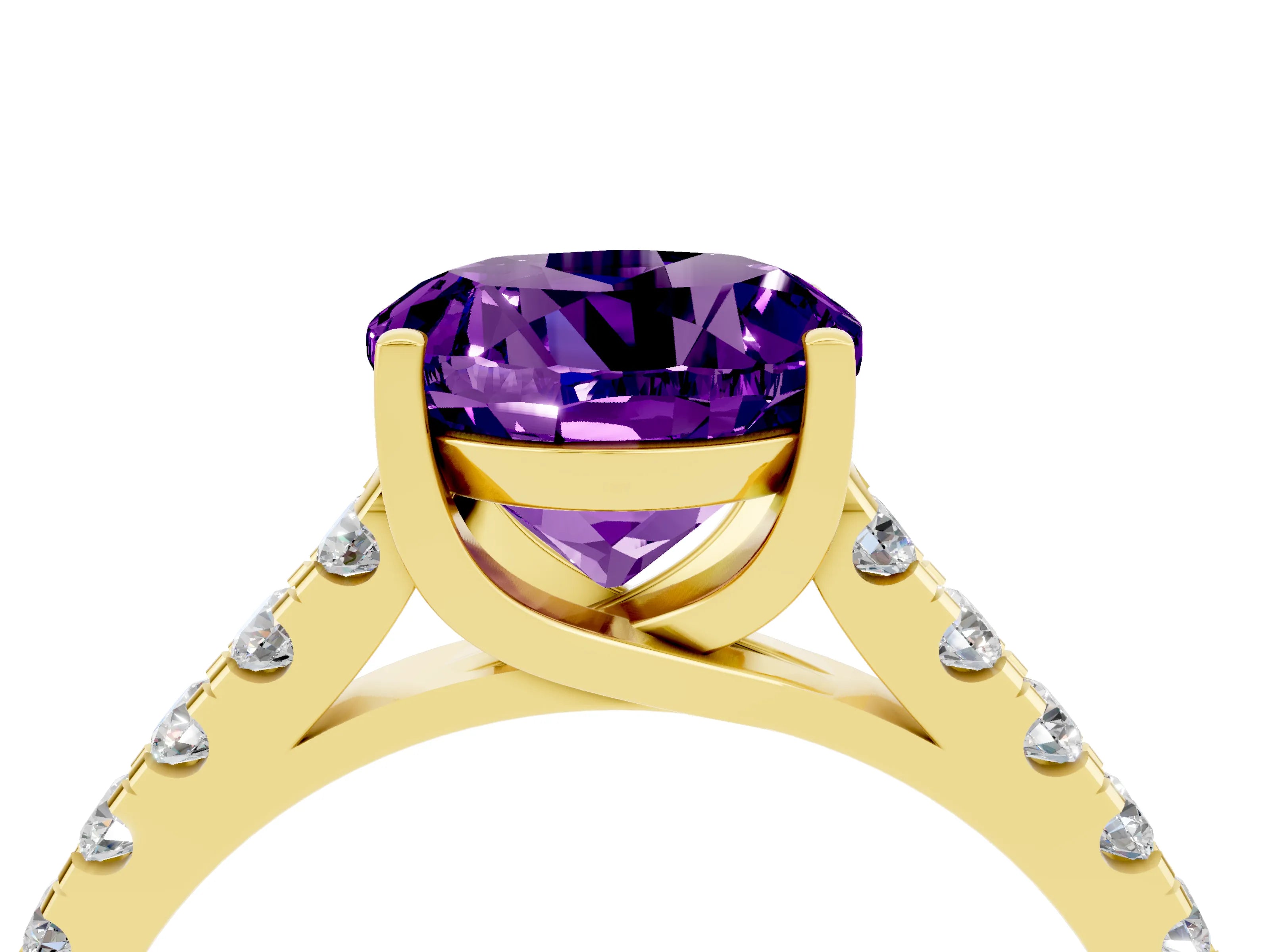 Yellow gold {shape_name} Amethyst Solitaire Ring with Pavé Band and Four-Prong Setting_4