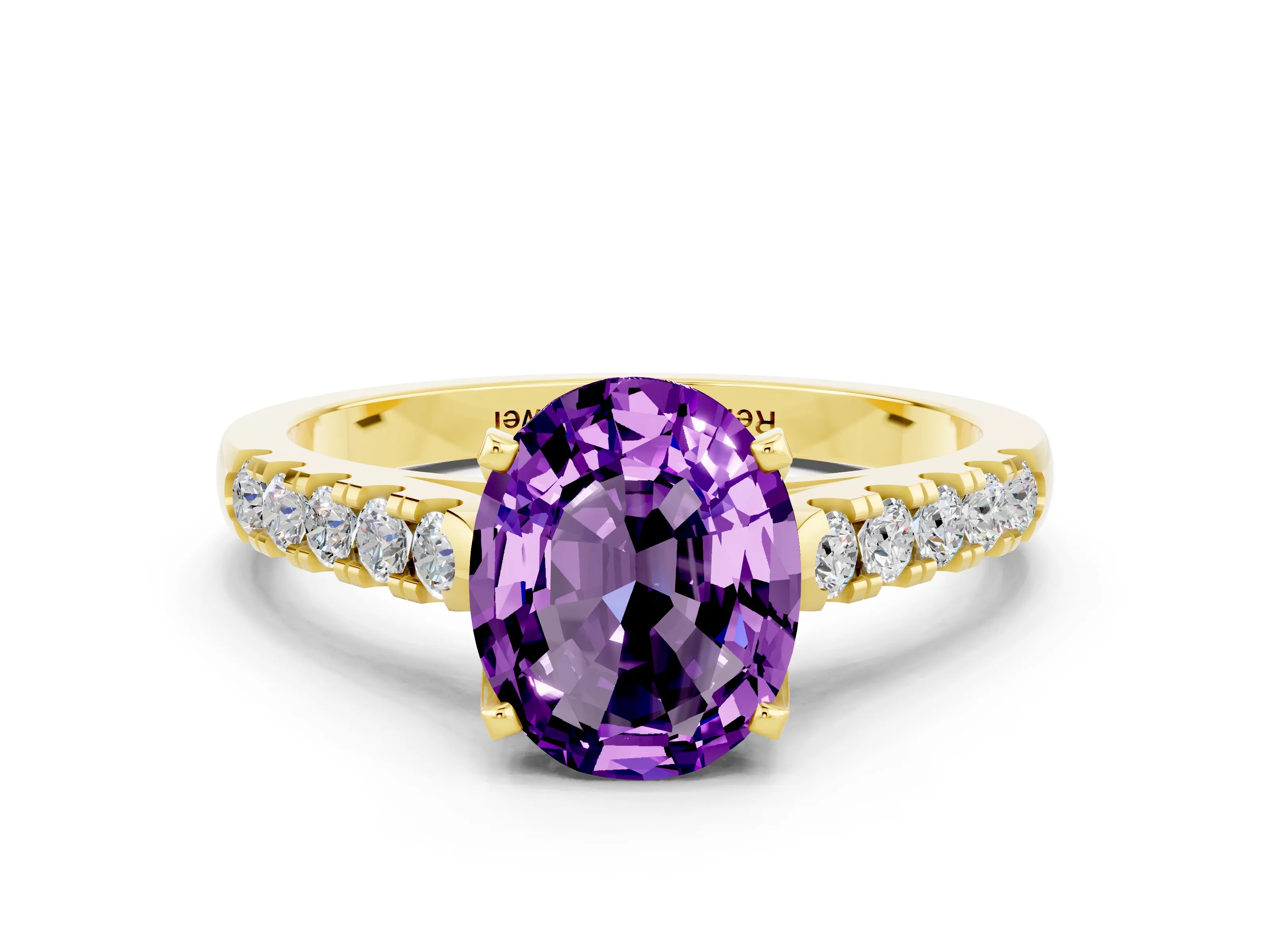 Yellow gold {shape_name} Amethyst Solitaire Ring with Pavé Band and Four-Prong Setting