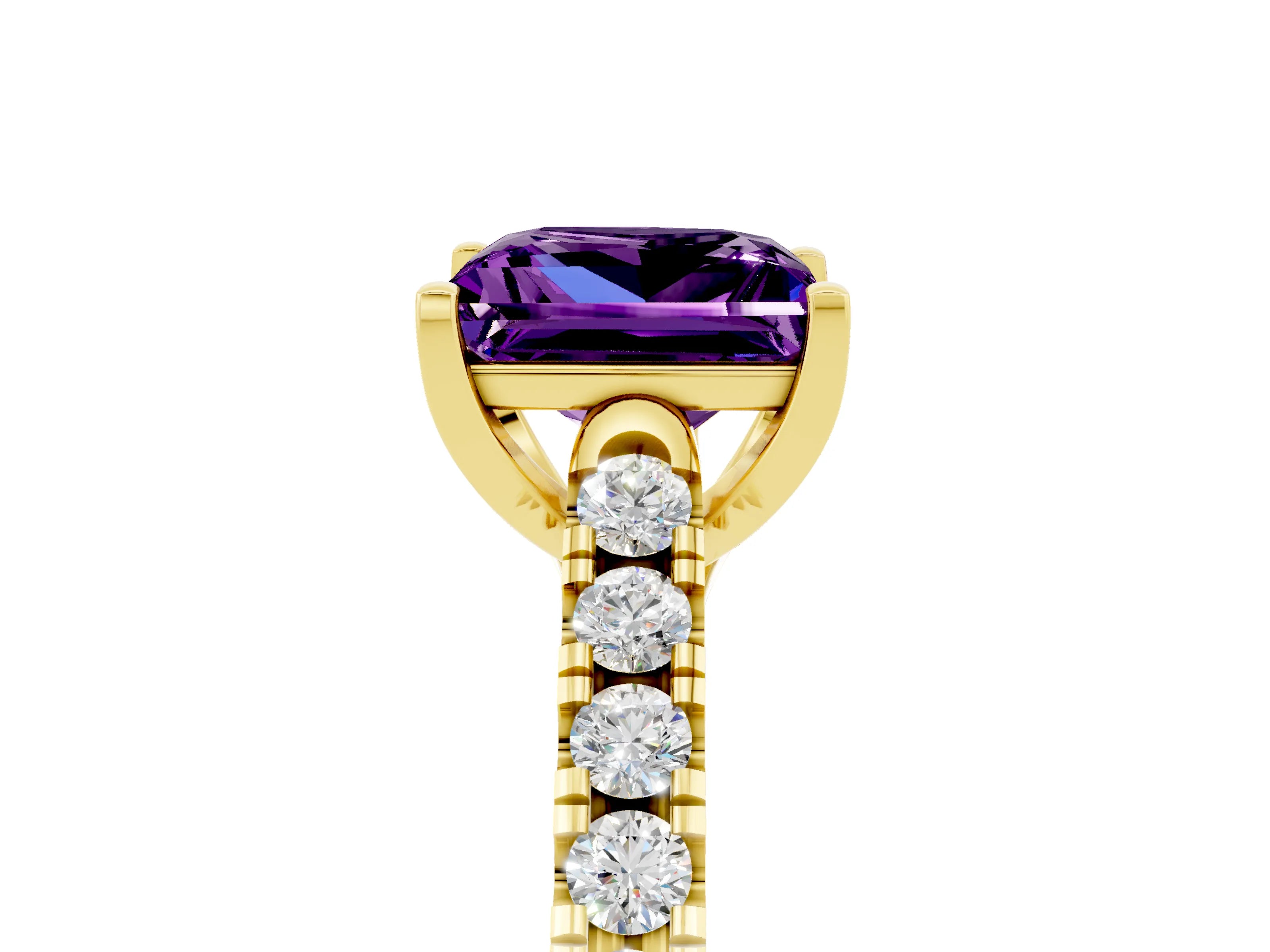 Yellow gold {shape_name} Amethyst Solitaire Ring with Pavé Band and Four-Prong Setting_5