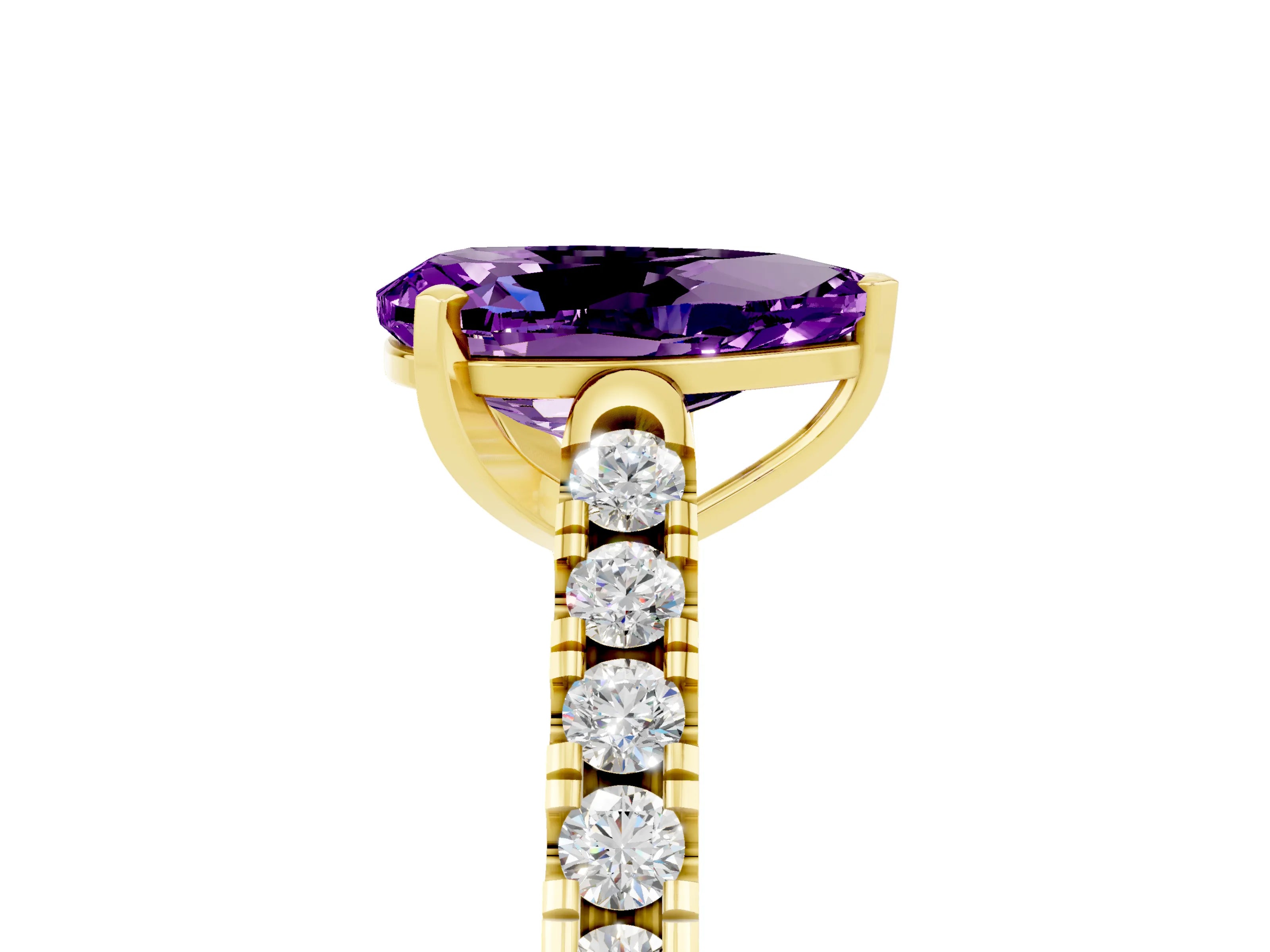 Yellow gold {shape_name} Amethyst Solitaire Ring with Pavé Band and Four-Prong Setting_5