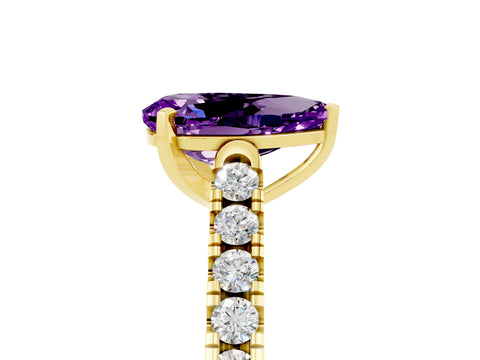 Yellow gold {shape_name} Amethyst Solitaire Ring with Pavé Band and Four-Prong Setting_5