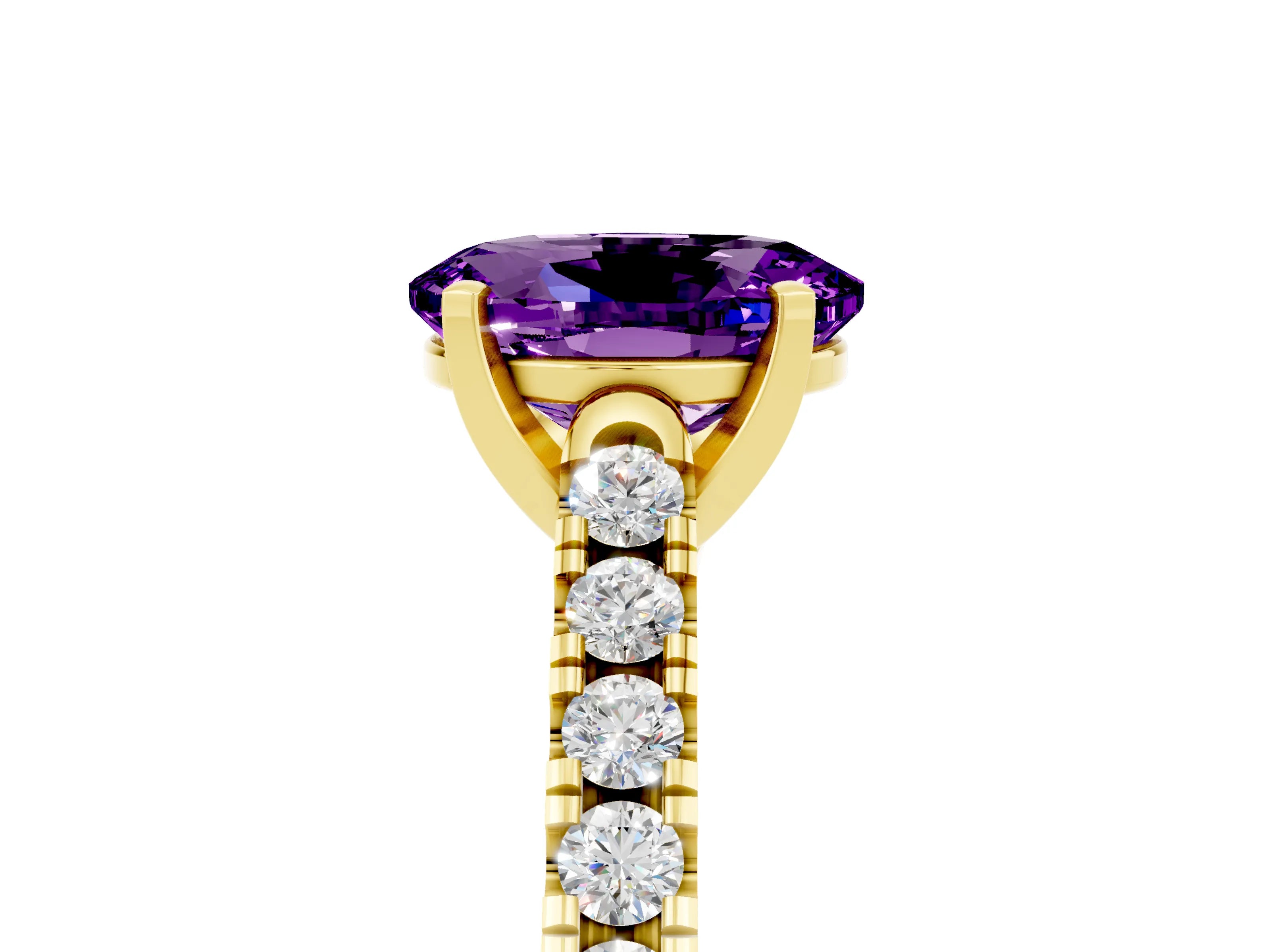 Yellow gold {shape_name} Amethyst Solitaire Ring with Pavé Band and Four-Prong Setting_5