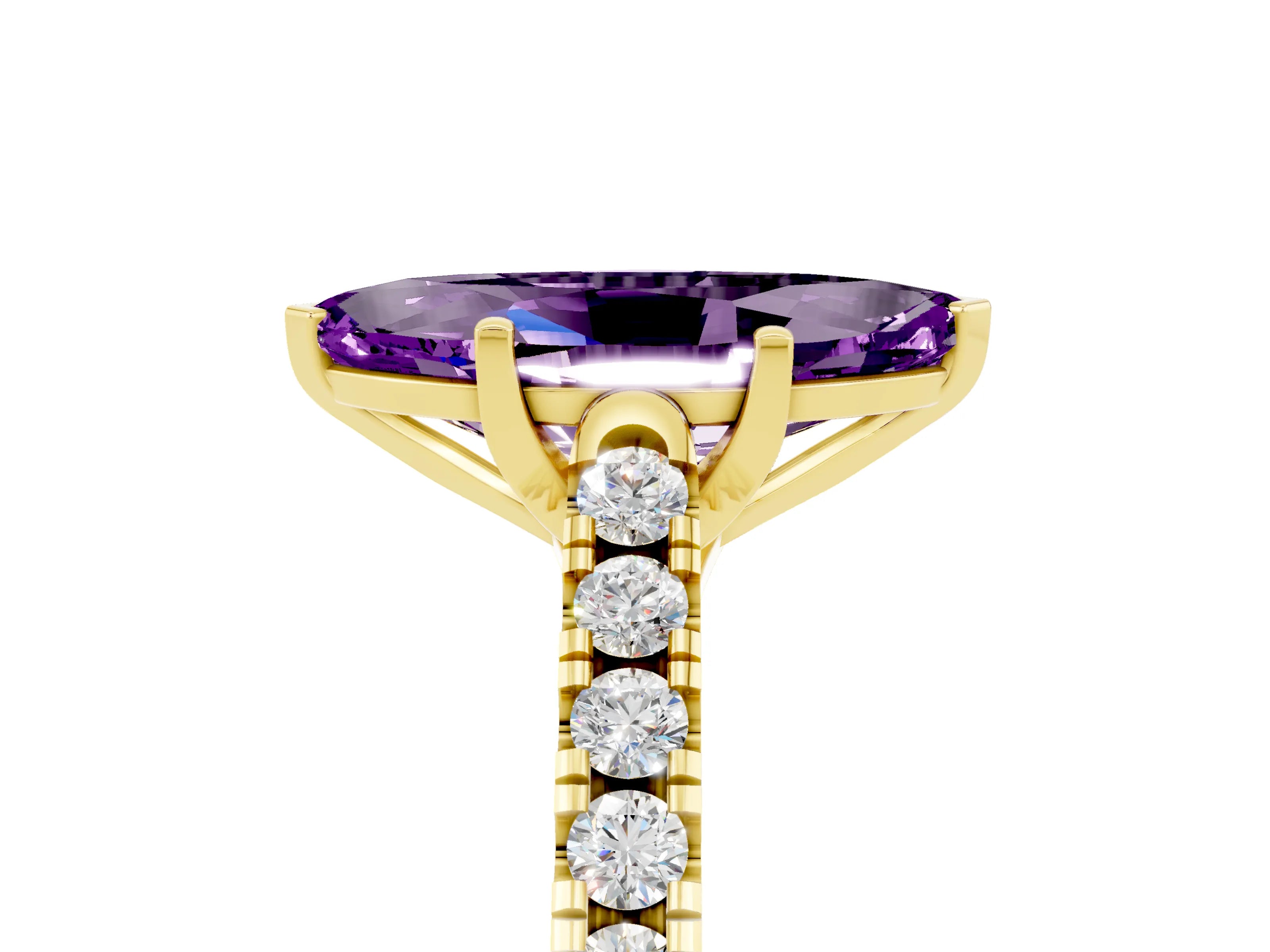 Yellow gold {shape_name} Amethyst Solitaire Ring with Pavé Band and Four-Prong Setting_5