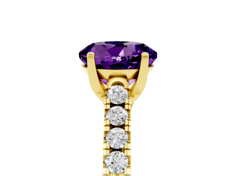 Yellow gold {shape_name} Amethyst Solitaire Ring with Pavé Band and Four-Prong Setting_5
