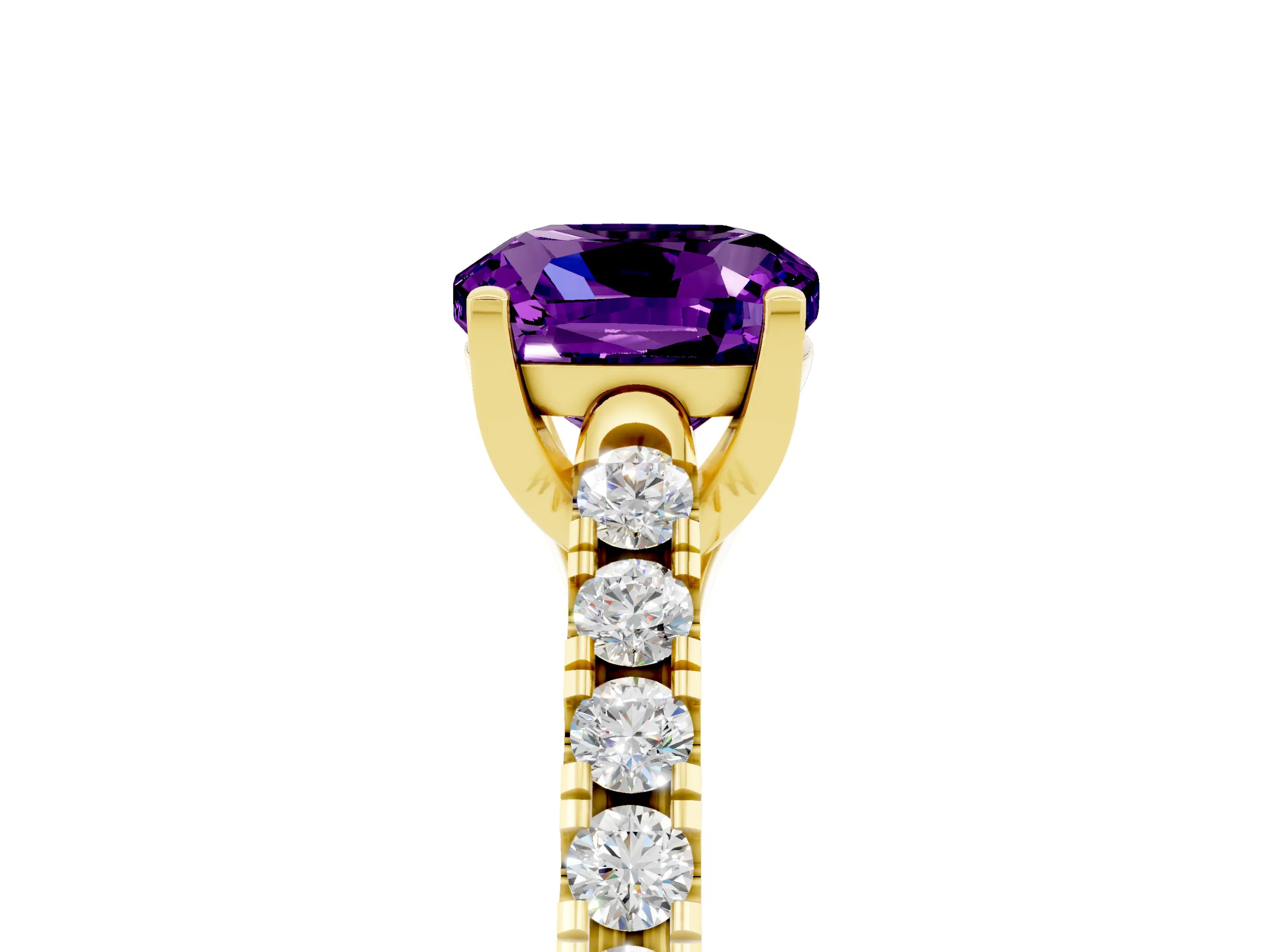 Yellow gold {shape_name} Amethyst Solitaire Ring with Pavé Band and Four-Prong Setting_5