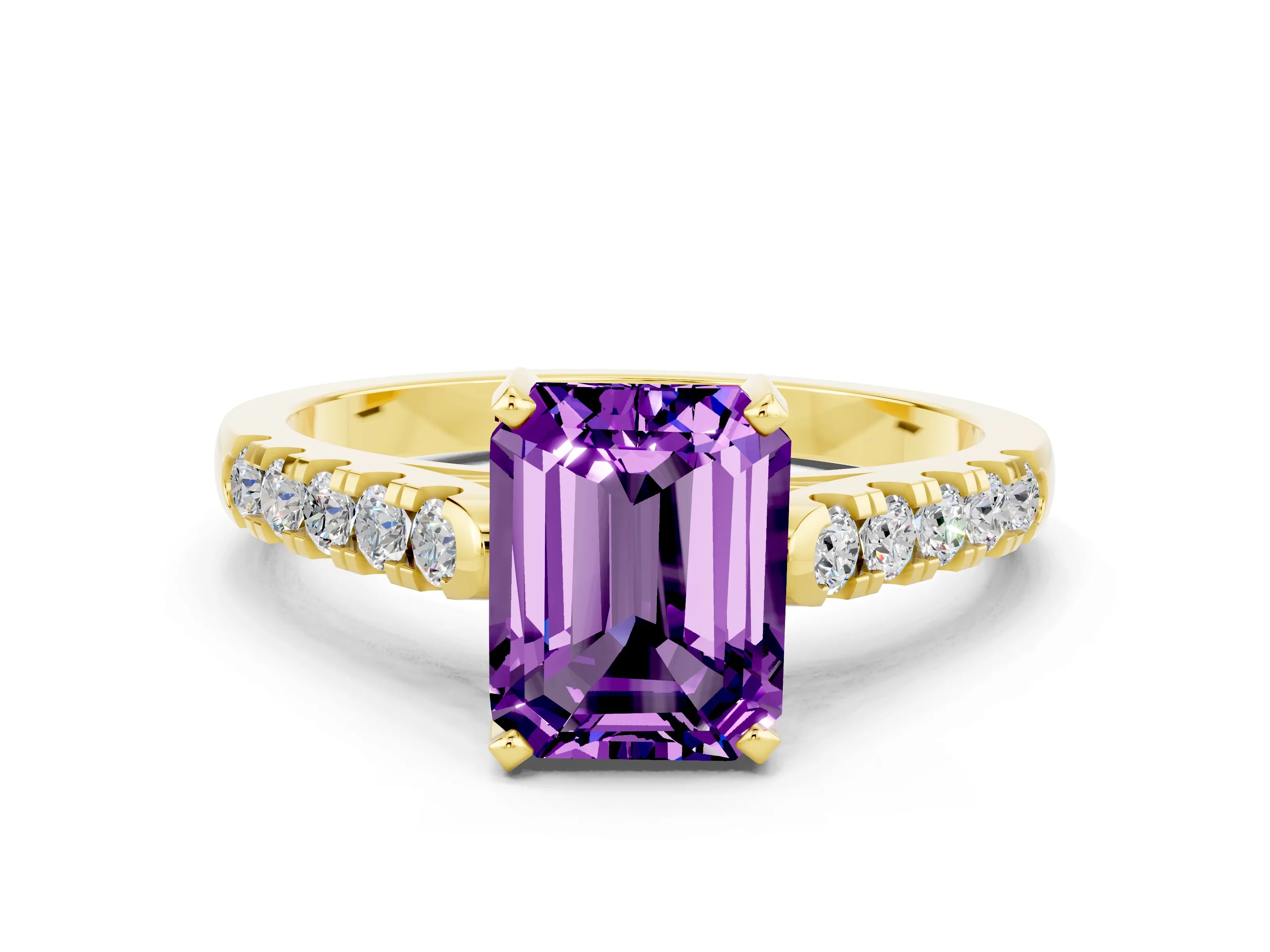 Yellow gold {shape_name} Amethyst Solitaire Ring with Pavé Band and Four-Prong Setting