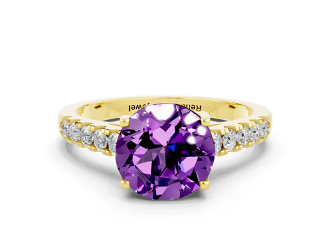 Yellow gold {shape_name} Amethyst Solitaire Ring with Pavé Band and Four-Prong Setting