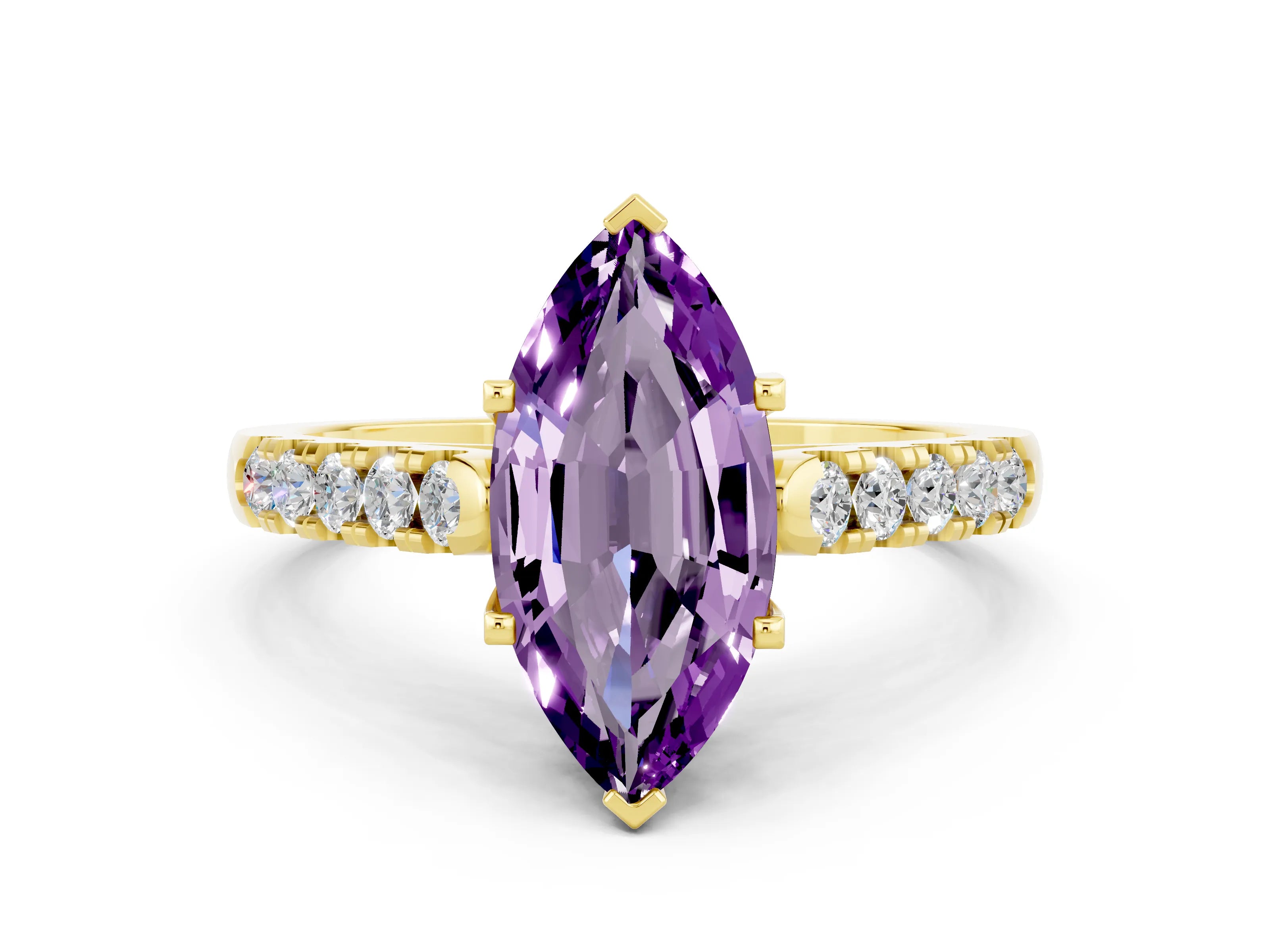 Yellow gold {shape_name} Amethyst Solitaire Ring with Pavé Band and Four-Prong Setting