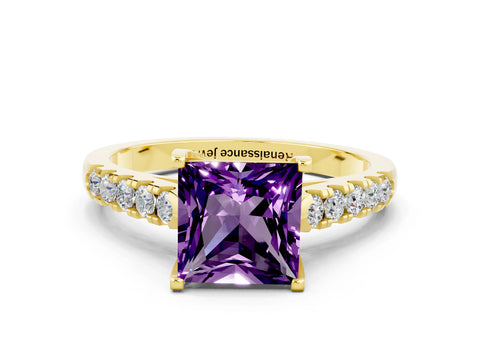 Yellow gold {shape_name} Amethyst Solitaire Ring with Pavé Band and Four-Prong Setting