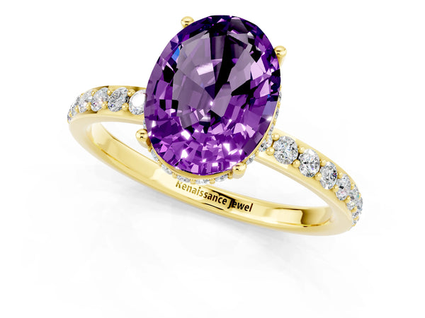 Yellow gold Oval Cut Amethyst Solitaire Ring with Pavé Band and Hidden Halo