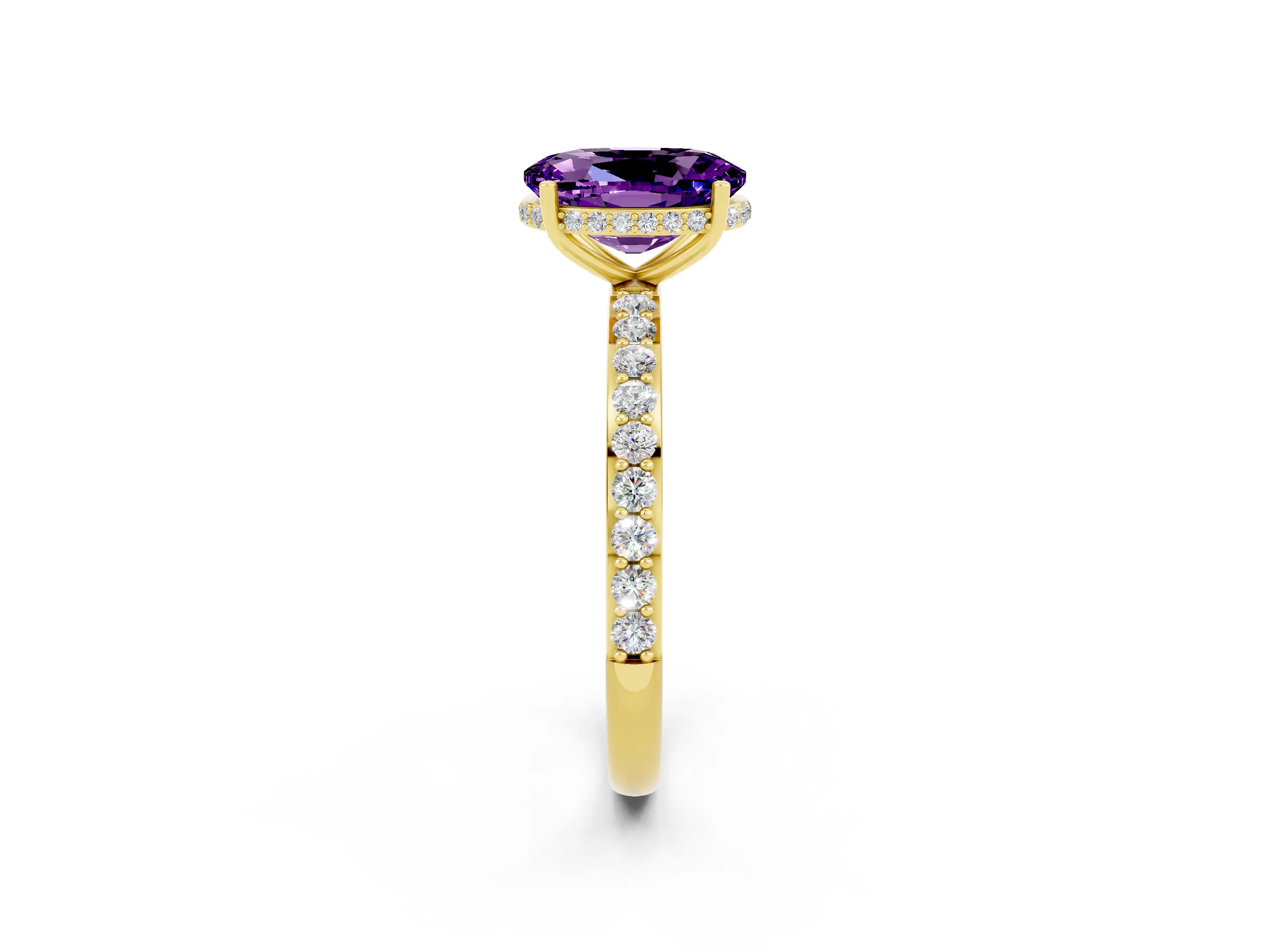 Yellow gold {shape_name} Amethyst Solitaire Ring with Pavé Band and Hidden Halo_2