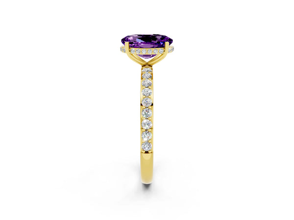 Yellow gold Oval Cut Amethyst Solitaire Ring with Pavé Band and Hidden Halo