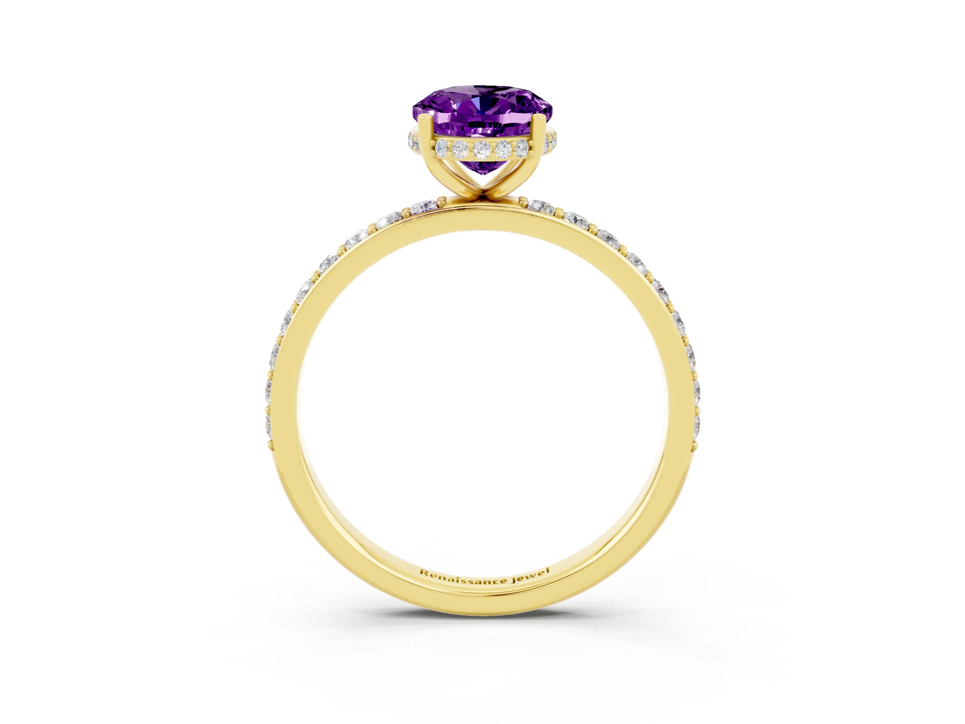 Yellow gold {shape_name} Amethyst Solitaire Ring with Pavé Band and Hidden Halo_3