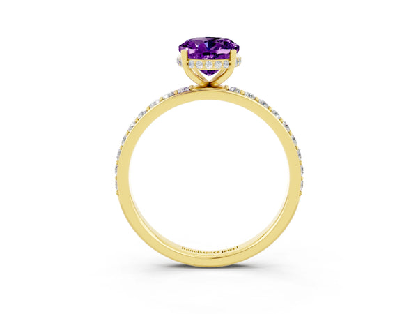 Yellow gold Oval Cut Amethyst Solitaire Ring with Pavé Band and Hidden Halo