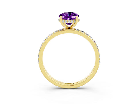 Yellow gold {shape_name} Amethyst Solitaire Ring with Pavé Band and Hidden Halo_3