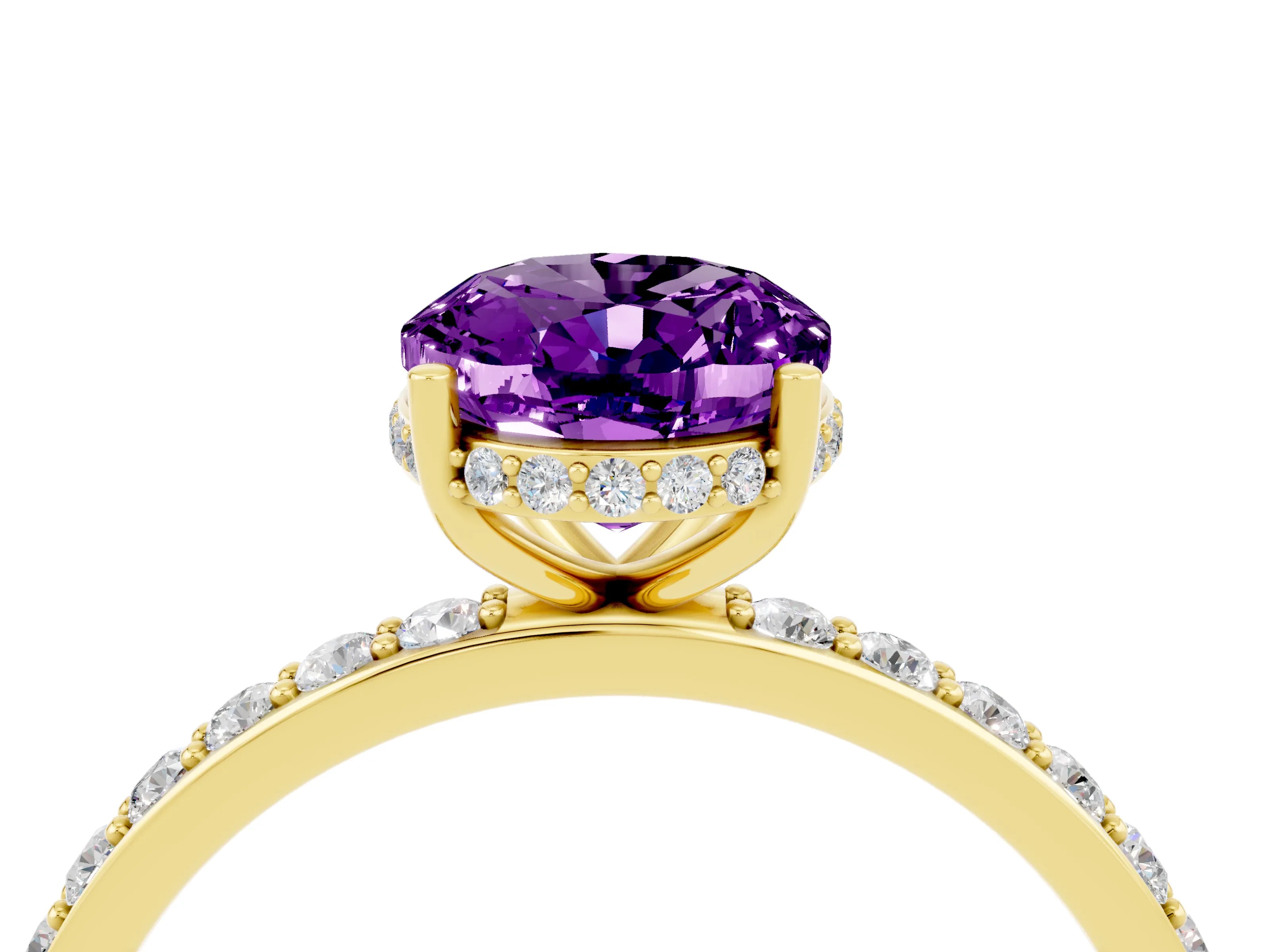 Yellow gold {shape_name} Amethyst Solitaire Ring with Pavé Band and Hidden Halo_4