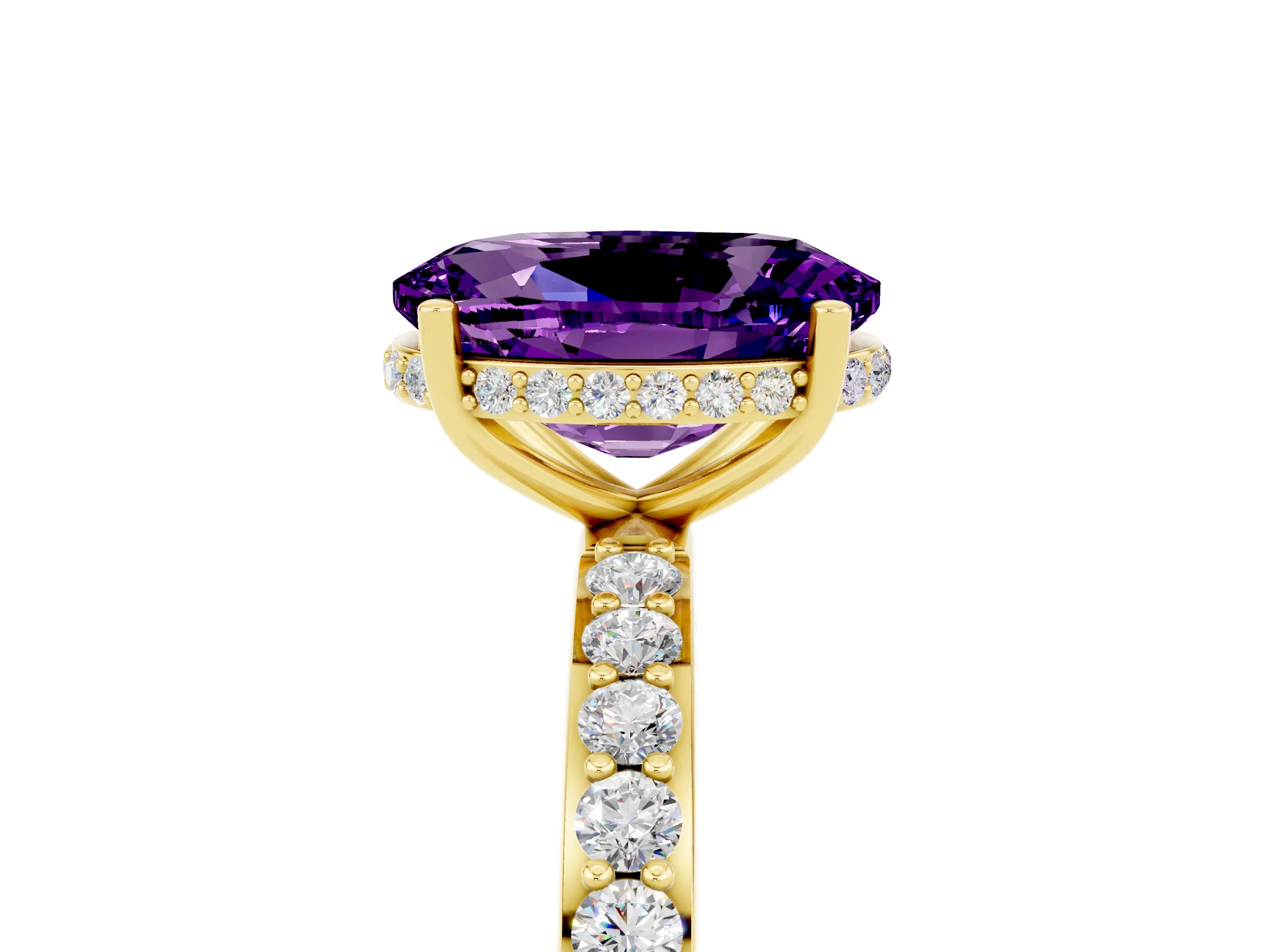 Yellow gold {shape_name} Amethyst Solitaire Ring with Pavé Band and Hidden Halo_5