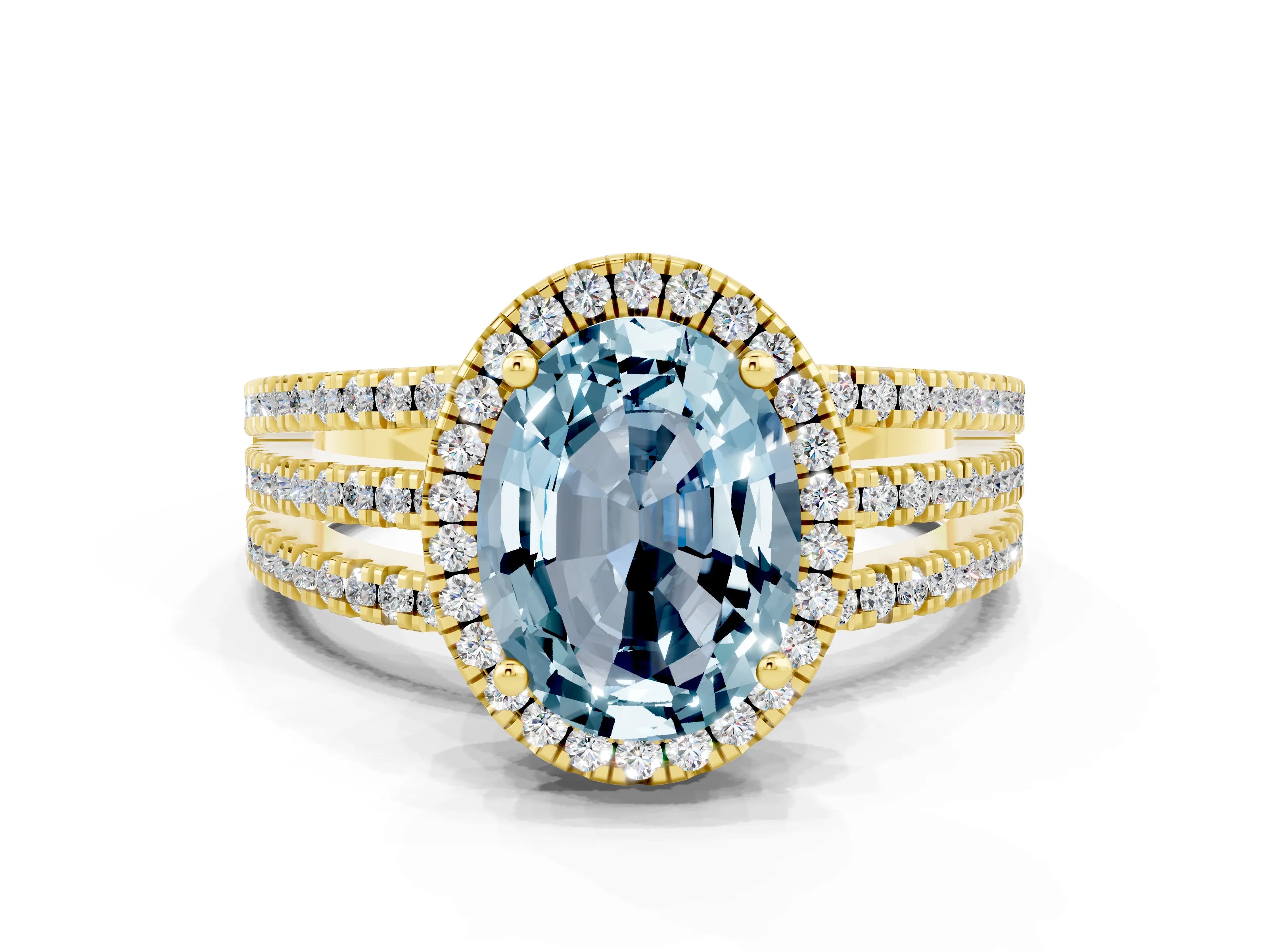 Yellow gold {shape_name} Aquamarine Halo Engagement Ring with Split Shank and Four-Prong Setting