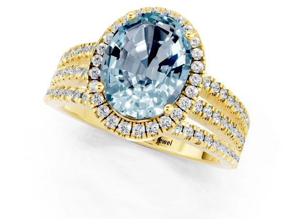 Yellow gold Oval Cut Aquamarine Halo Engagement Ring with Split Shank and Four-Prong Setting