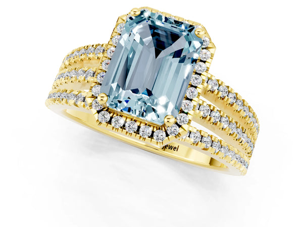 Yellow gold Emerald Cut Aquamarine Halo Engagement Ring with Split Shank and Four-Prong Setting