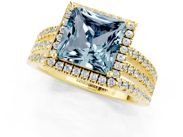 Yellow gold Princess Cut Aquamarine Halo Engagement Ring with Split Shank and Four-Prong Setting