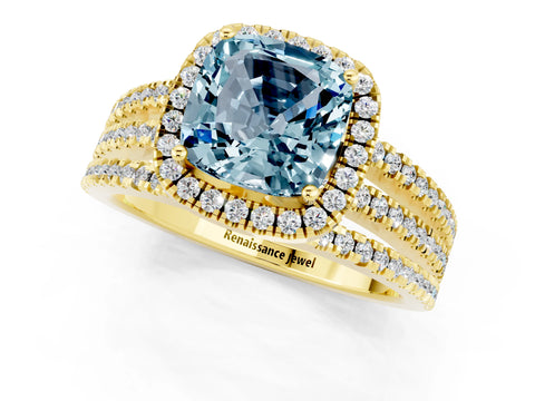 Yellow gold {shape_name} Aquamarine Halo Engagement Ring with Split Shank and Four-Prong Setting_1