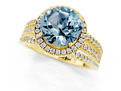 Yellow gold {shape_name} Aquamarine Halo Engagement Ring with Split Shank and Four-Prong Setting_1
